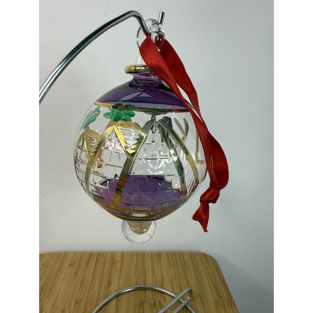 Egyptian Blown Glass Christmas Ornament Purple Stripes Gold Egypt Pyramids Palms